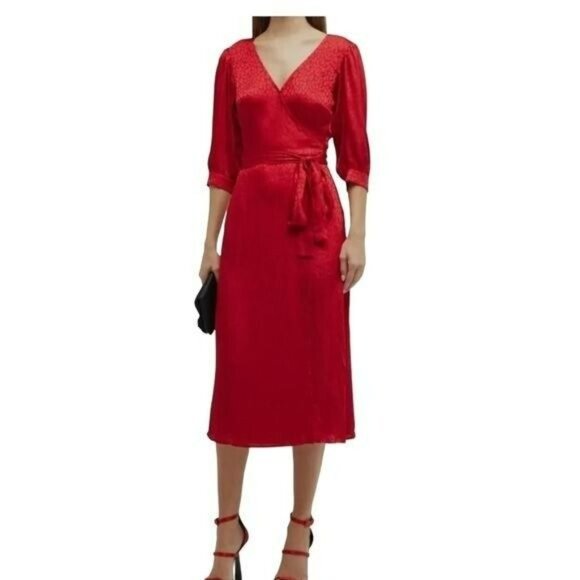 Michael Kors $175 Red Wrap Cheetah Half Sleeves Midi Dress Size XS - Picture 1 of 4